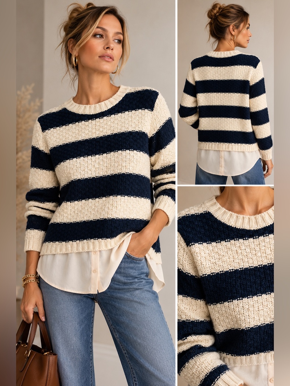 Monteau Los Angeles Striped Sweater Layered Shirt Hem Navy Cream Mixed Media M
